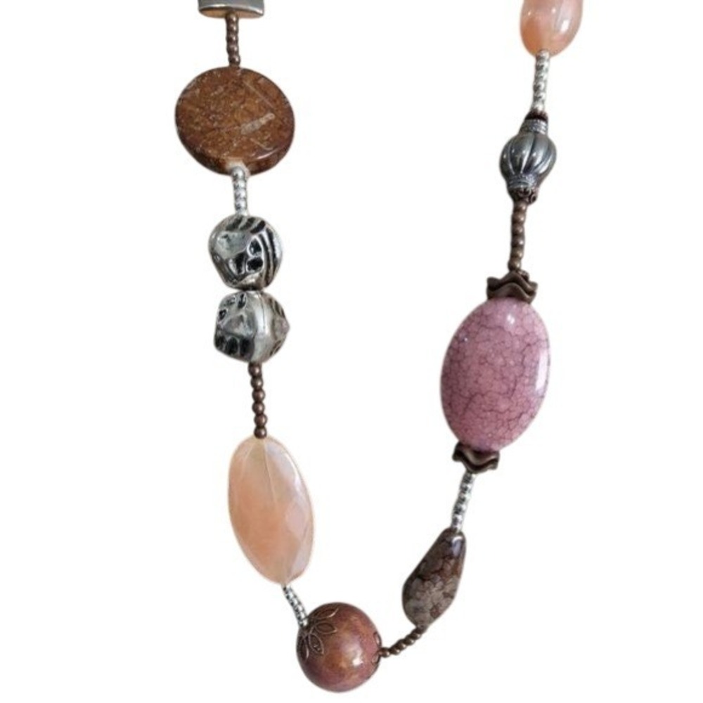 Treska Bohemian Mixed Stone Beaded‎ Long Necklace Peach Mauve Brown Silver Boho